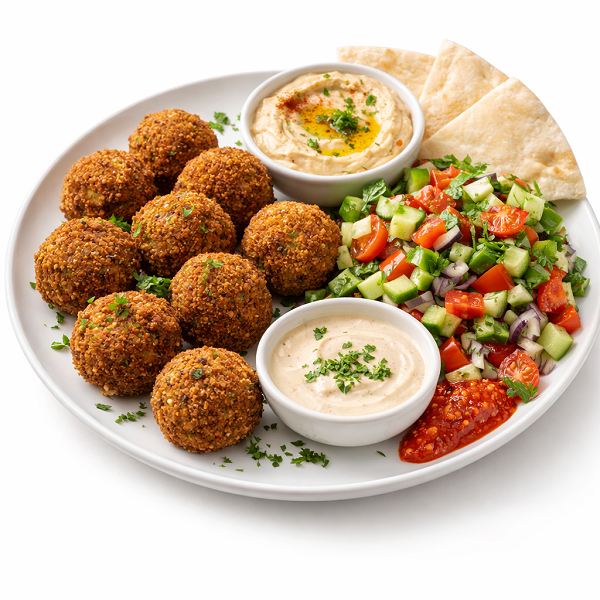 עץ פלאפל עם סלט וממרחים